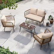 LAUSAINT HOME 4 Pieces Outdoor Conversation Sets, Patio Metal Frame Sofa with Coffee Table, Beige Cushions